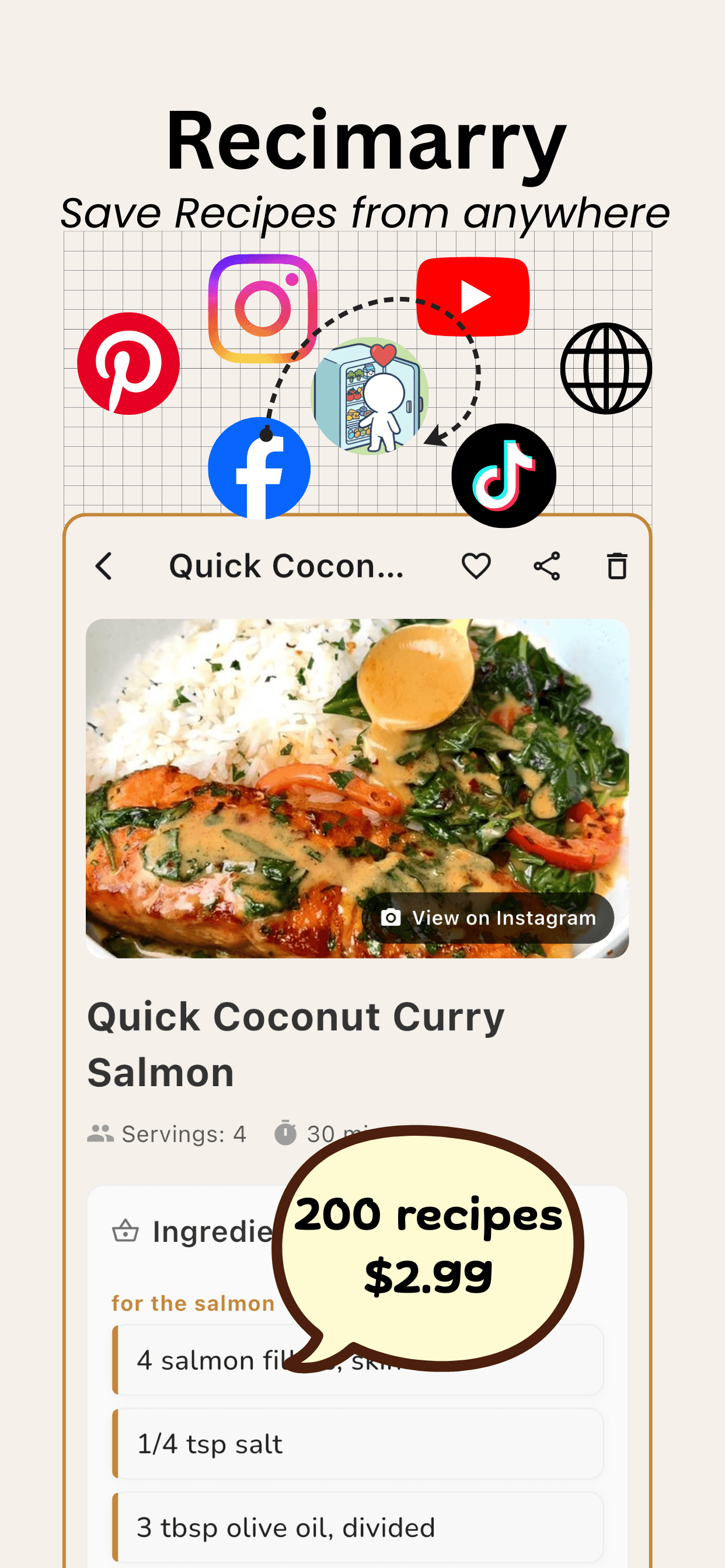 Save recipes from anywhere — URLs, YouTube, Instagram, or a photo
