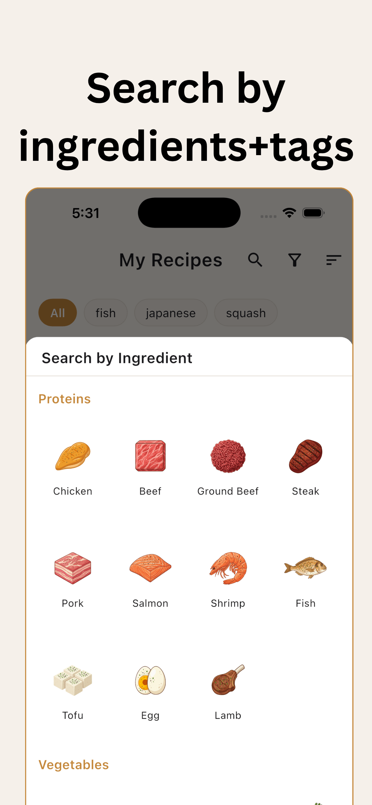 Search and filter by ingredients and tags