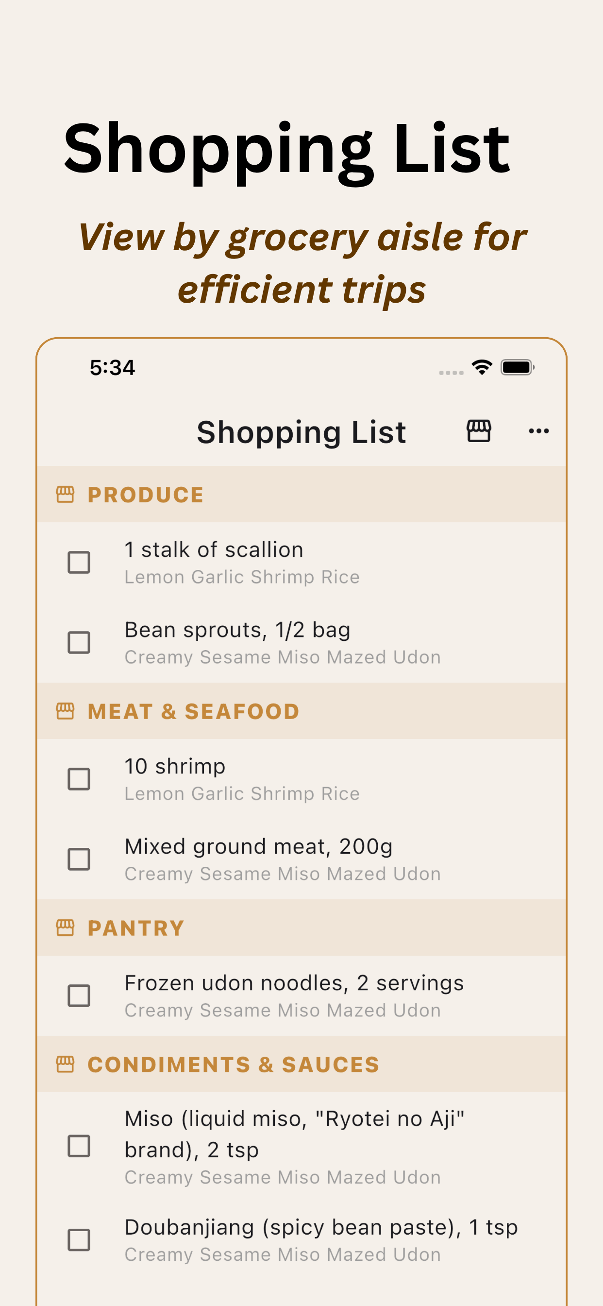 Shopping list grouped by grocery store aisle