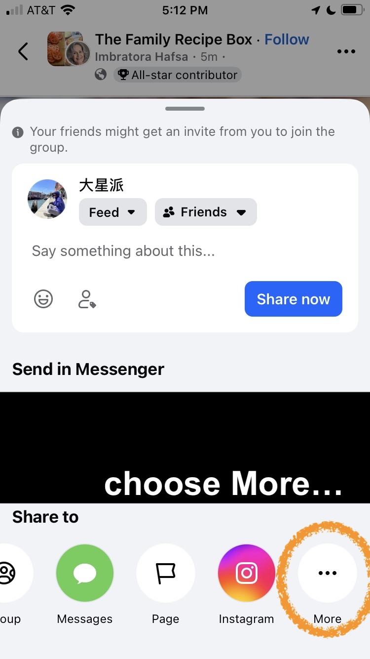 Facebook share sheet with the More button circled