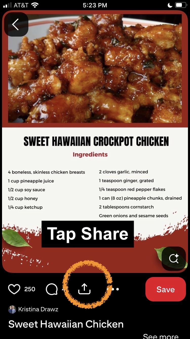 Pinterest pin with the Share arrow circled