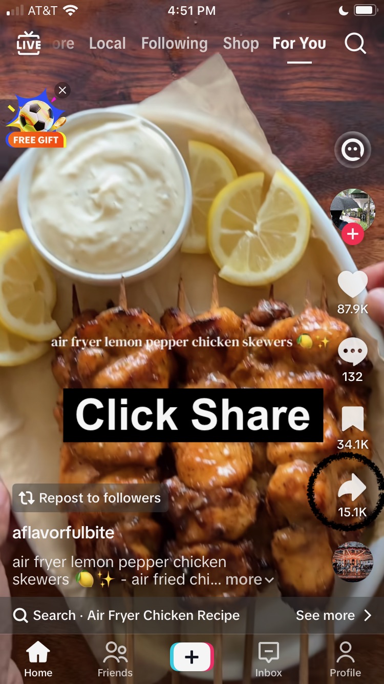 TikTok video screen with the Share arrow circled